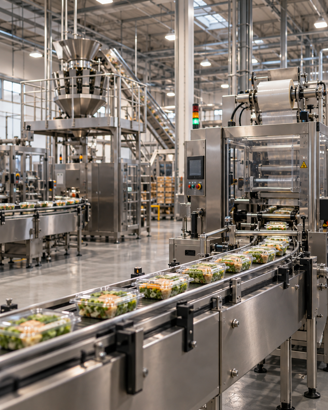 Linha de produção e embalagem em ambiente industrial